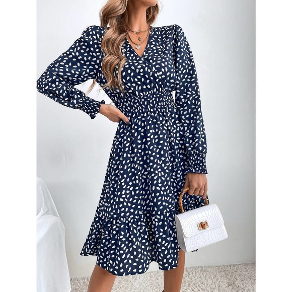 dot Print Shirred Bishop long Sleeve Ruffle Hem mini Dress - Picture 3 of 6
